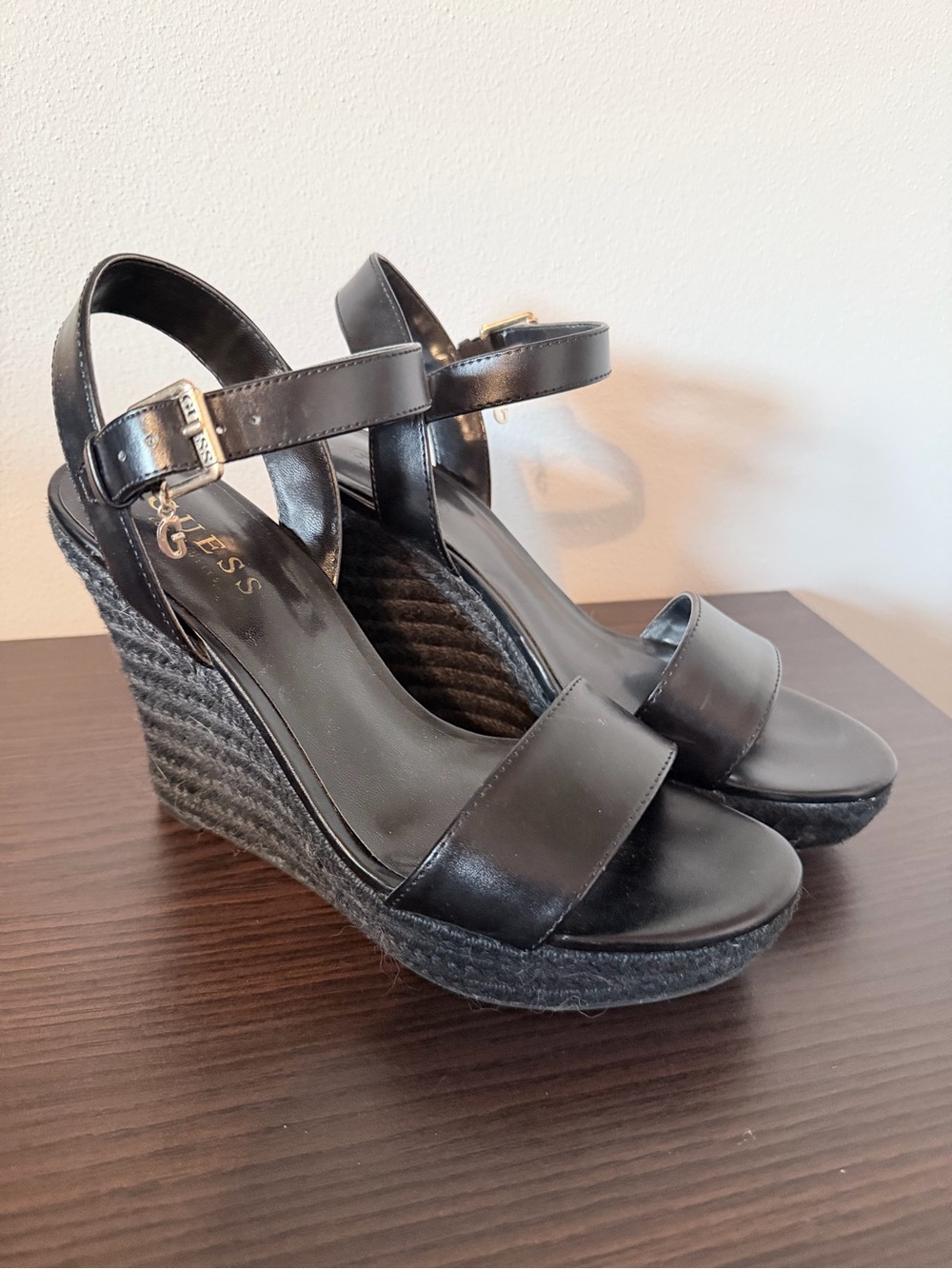 GUESS Black Leather Ankle-Strap Wedge Sandals
